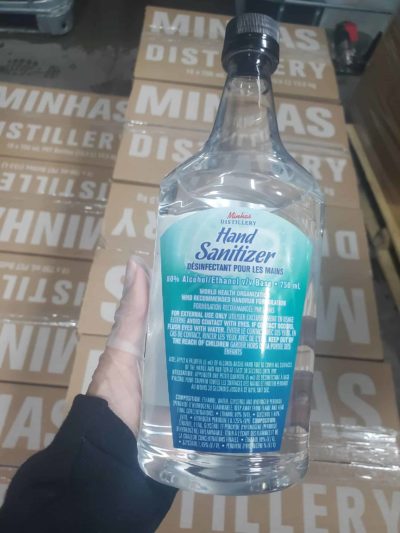 Bottle of Minhas Brewery hand sanitizer.