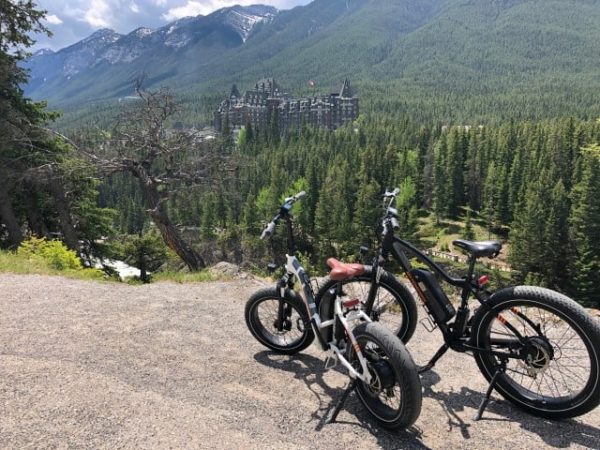 E-bikes in front of Surprise Corner in Banff.